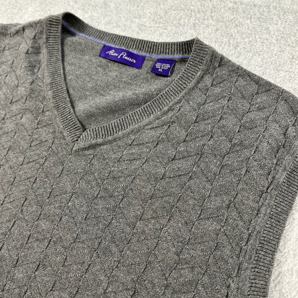 Alan Flusser Mens Gray Cable Knit V-Neck 100% Cotton Sweater Vest XL